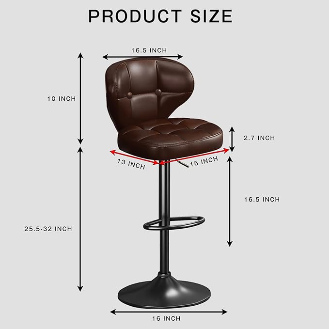 Bar Stools Set of 2, Adjustable Swivel Bar Chairs with 360° Rotation, Padded Counter Stools with Back and Footrest for Kitchen Island, Bistro, Cafe, and Home Use Brown-2pcs