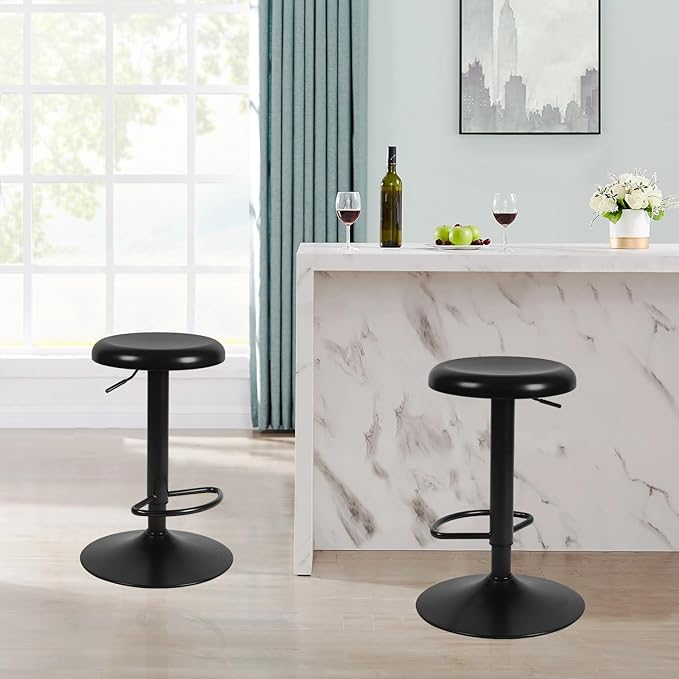 Adjustable Bar Stools, Swivel Backless Round Metal Airlift Barstools with Footrest, Counter Height Bar Chairs Set of 2 for Kitchen, Pub, Cafe, Black