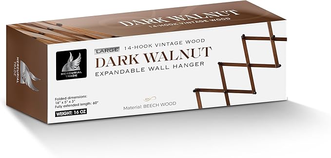 Expandable Wooden Coat Rack Hanger – Accordion Wall Mounted Pine Wood Hooks – Hand Made Vintage Expending Pegs – Hang Coat, Jacket, Hat, Leash, Towel, Mug, Bag – 14 Hook Dark Walnut