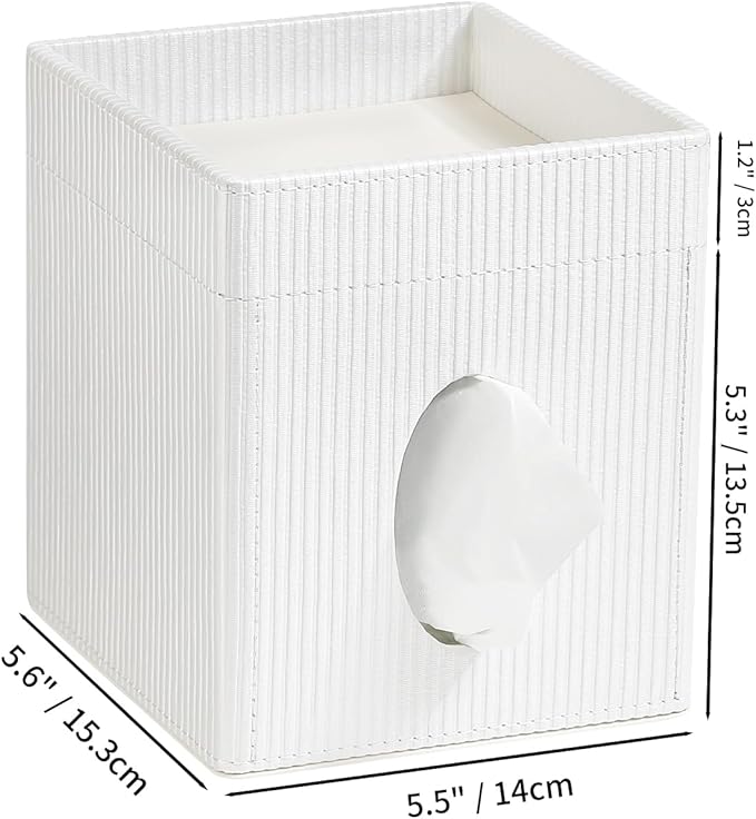 Square Tissue Box Cover with Tray, PU Leather Tissue Box Holder Decorative Cube Tissue Holder for Bathroom Bedroom Office (Cream)