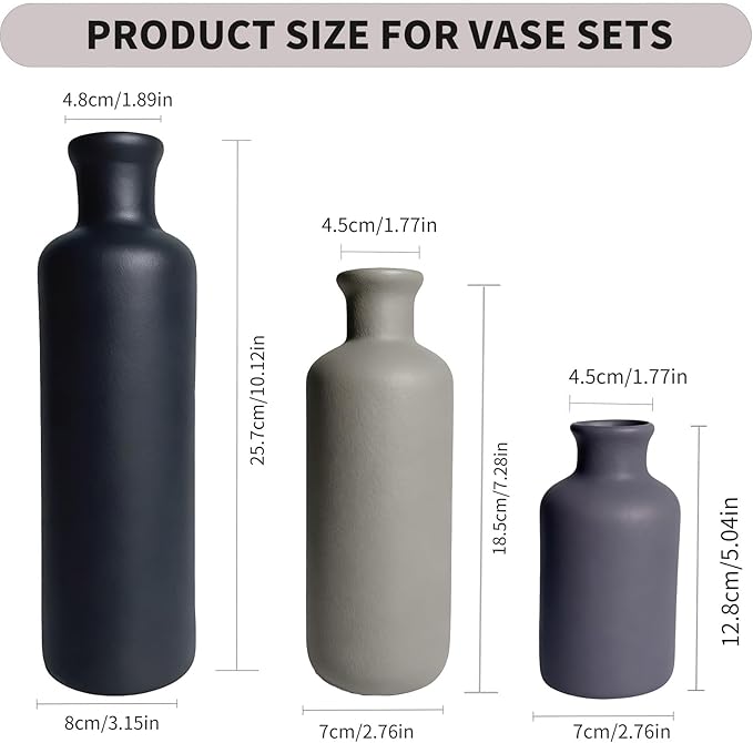 Ceramic Vase Set of 3, Modern Rustic Farmhouse Vases Home Decor, Pampas Vase for Table Centerpiece, Kitchen, Living Room, Table Shelf, Office Decor, Fireplace and Entrance Decorations