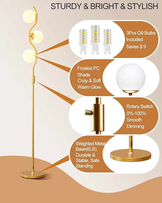 Lightdot 60IN Gold Floor Lamp Stepless Dimmable Globe Floor Lamps with 3Pcs 3000K G9 Bulbs Eye-Friendly Mid Century Standing Lamps with Stable Base for Living Room/Bedroom/Corner