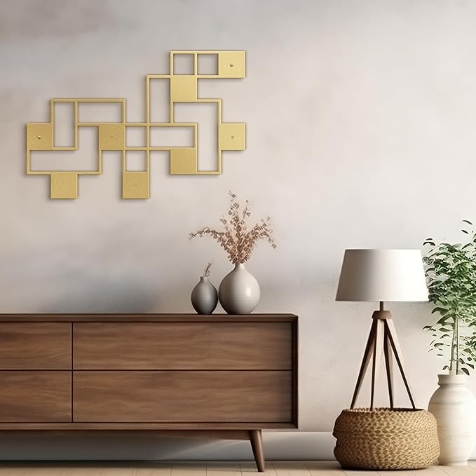 SIGNLEADER Metal Wall Decor Grids Geometric Minimalist Modern Luxury Wall Sculpture Hangings 3D Statue Home Decoration for Living Room, Bedroom, Bathroom, Kitchen, Fireplace, Office - 18" Gold
