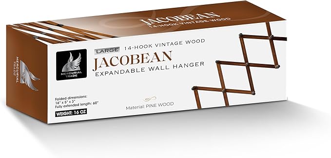 Expandable Wooden Coat Rack Hanger - Large Accordion Hanger with Expanding Pegs | Hand Made Rustic Wooden Hat Rack for Wall | Hang Coat, Jacket, Hat | Wall Rack – 14 Hook, Jacobean