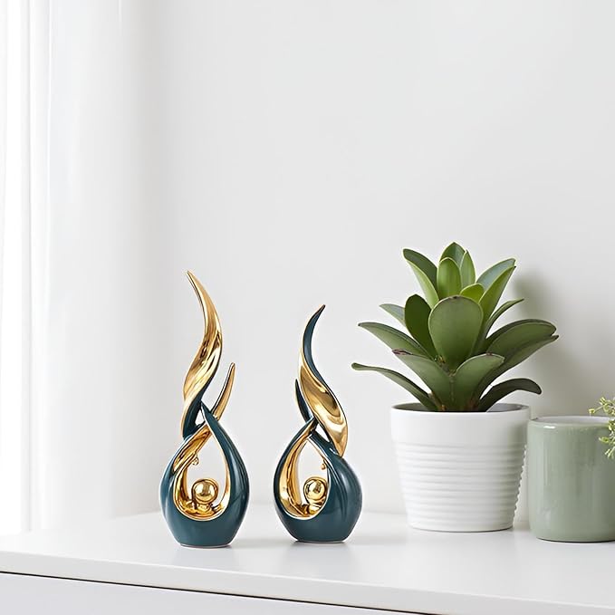 XMGZQ Gold Ceramic Abstract 2 Piece Statue Set,Mid Century Modern Abstract Art Home Decor Statue Mantelpiece on Unique Shelf Decor, TV Cabinet Divider Table top and Dining Table Centerpiece (Green)