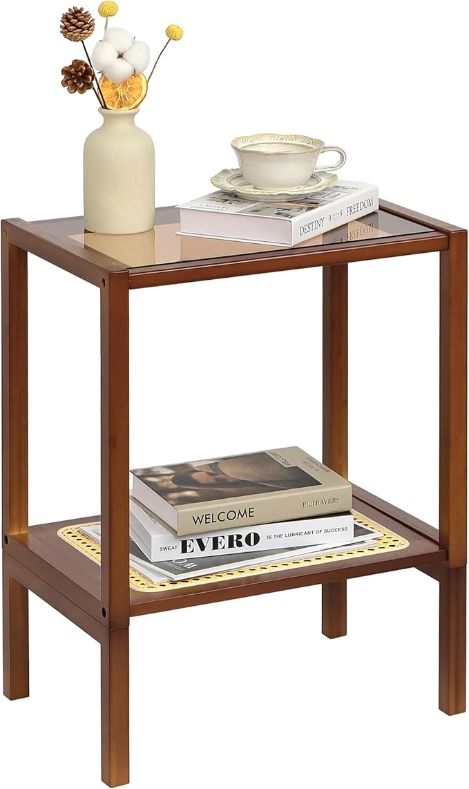2-Tier Bamboo Side Table, Modern Glasstop Rattan Side Table, Mid Century Wood Sofa-Side End Tables for Living Room, Bedroom Night Stand with Storage, Small Narrow Coffee Tables, Walnut