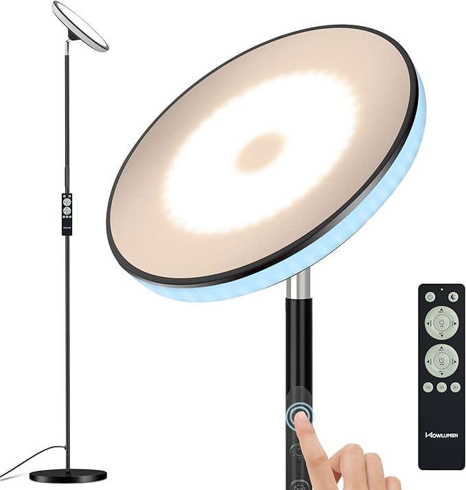 WOWLUMEN UFO Floor Lamp 71in, Upgraded 42W 3700LM LED Torchiere Floor Lamps for Living Room, Modern Tall Bright Standing Light with Remote, Dimmable Sky Light,1/2/3H Timer for Bedroom,Office(Black)