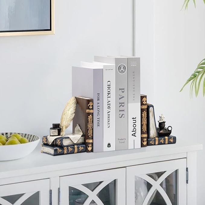 Vintage Book Ends for Shelves,Book Ends for Heavy Books,Deluxe Feather Quill Pen Ink Bottle with Oil Lamp Decorative Bookends,Heavy Duty Bookends for Large Books,Magic Home Decor