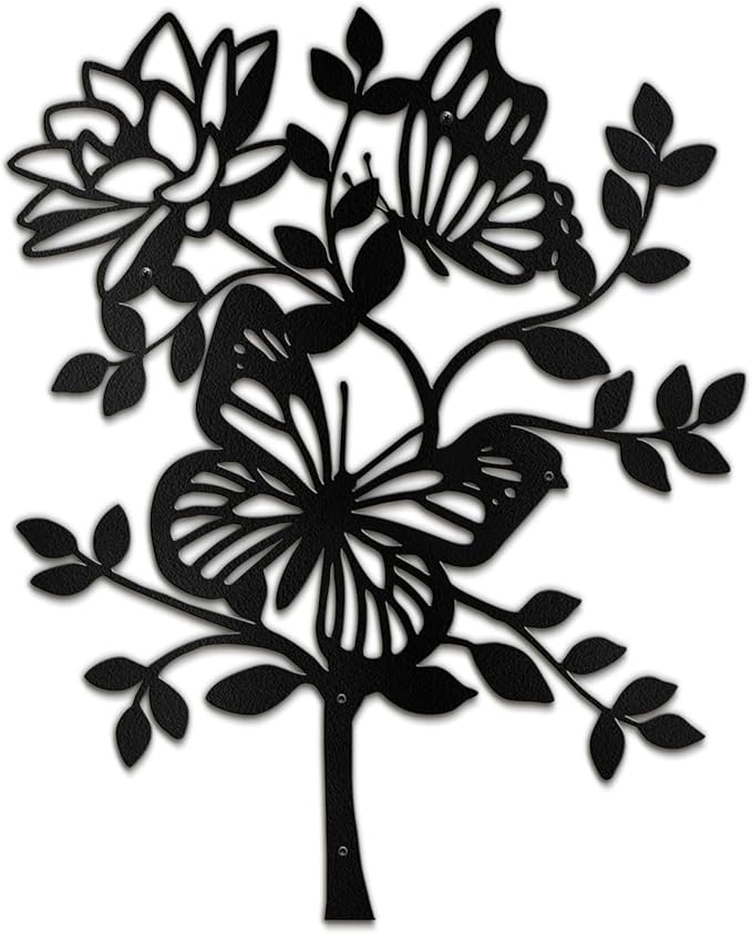 SIGNLEADER Metal Wall Art Decor Butterfly and Flower Minimalist Modern Abstract Wall Sculpture Hangings Home Decoration for Living Room, Bedroom, Bathroom, Kitchen, Outdoor - 18" Black