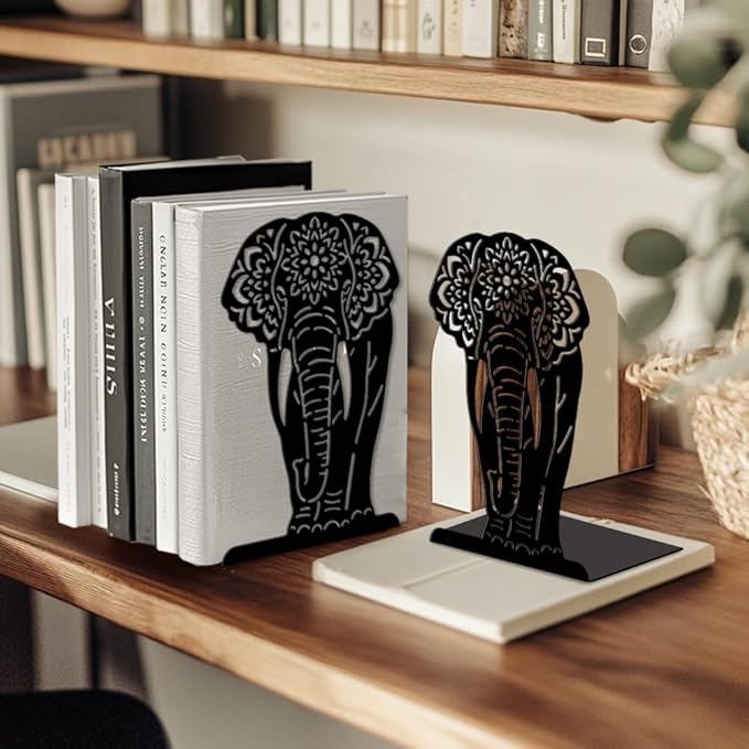 Peacoblue Metal Bookends for Shelves, Modern Decorative Heavy Duty Study Book Ends Stoppers for Office, Desk, Shelf, Room 5.3"x4.3"x7.9" Cast Iron Simple Tall Bookends 1 Pair (Mandala Elephant)