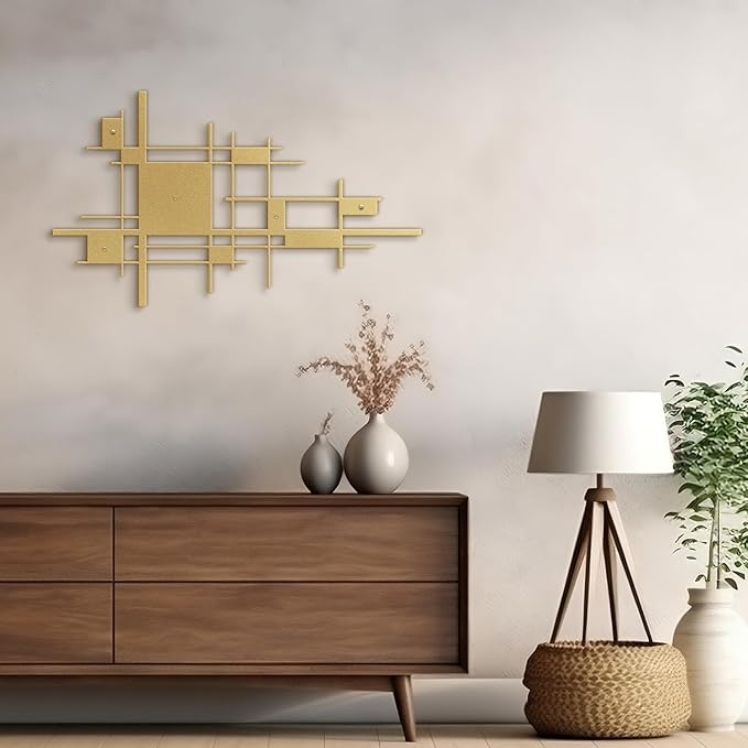 SIGNLEADER Metal Wall Decor Mondrian Geometric Minimalist Modern Luxury Wall Sculpture Hangings 3D Statue Home Decoration for Living Room, Bedroom, Bathroom, Kitchen, Fireplace, Office - 24" Gold
