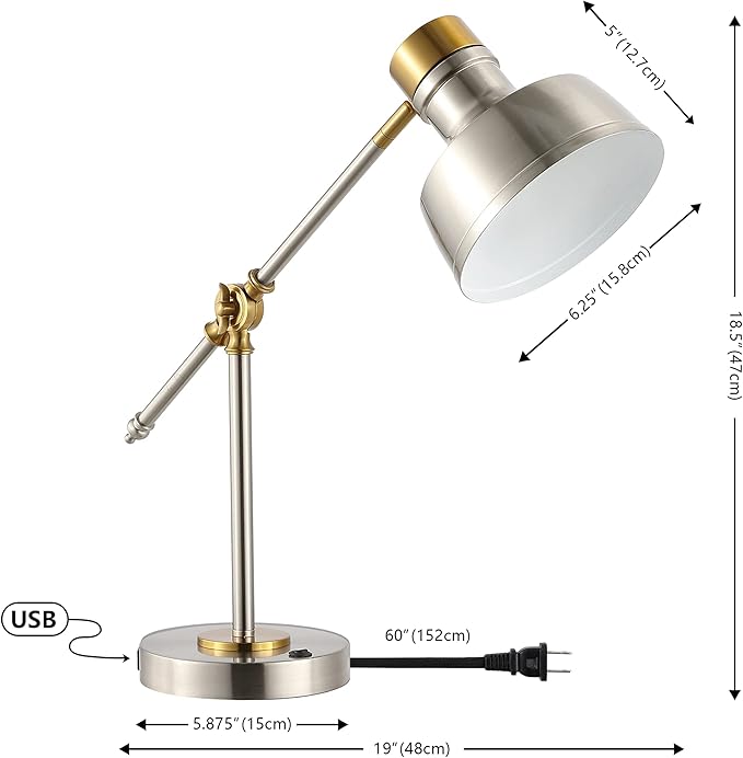 JONATHAN Y JYL7124B 18.5" Industrial Task Lamp with USB Charging Port, Nickel and Brass Farmhouse Desk Lamp with Adjustable Head for Office, Bedroom Bedside Reading, LED Bulb Included