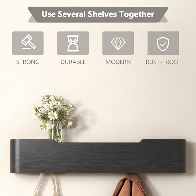 Coat Rack Wall Mount Entryway Organizer Modern Key Holder Wall Mount with Wooden Shelf Entryway Hooks for Bedroom Kitchen Hallway Bathroom for Hanging Coats Hats Dog Leashes Bags Towels