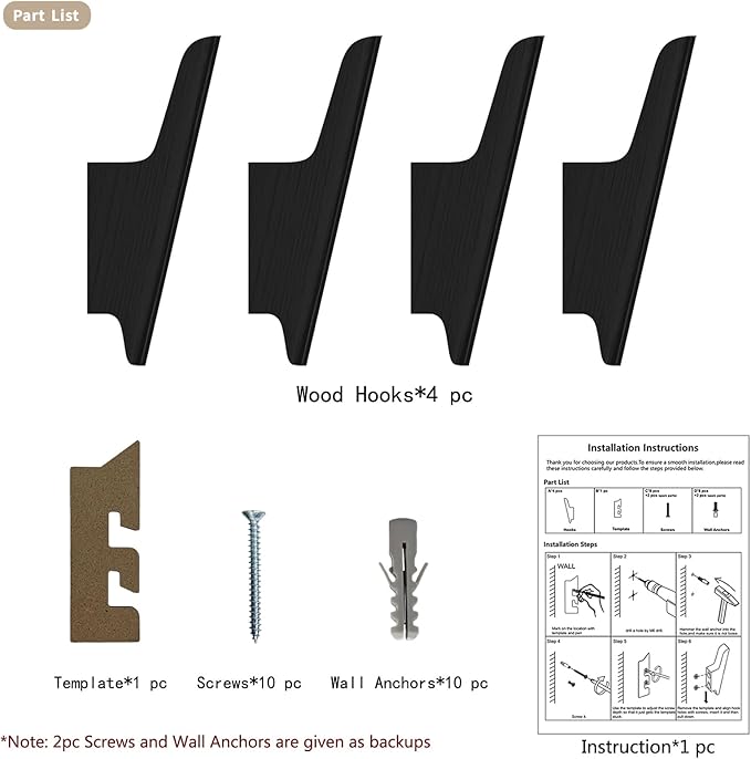 Wood Wall Hooks 4 Pack Coat Hooks Wall Mount Black Wooden Hooks for Hanging Hat, Bag, Backpack, Rustic Coat Hooks for Wall, Wood Towel Hooks for Bathrooms and Entryway Hooks (Black)