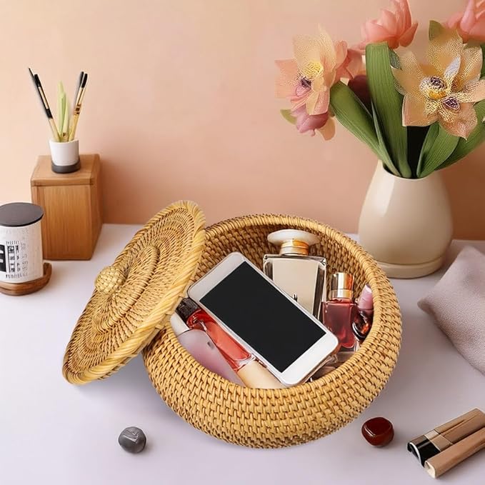 Handwoven Rattan Storage Basket with Lid – Picnic Bread Fruit Snack Multi-Purpose Organizer Bin for Kitchen, Pantry, Living Room, Home Décor