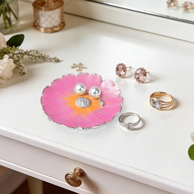 LARAINE Jewelry Dish Display Trinket Tray Flower Home Decorative Organizer Gift Necklace Earring Rings Holder Storage 3.15" (Pink)