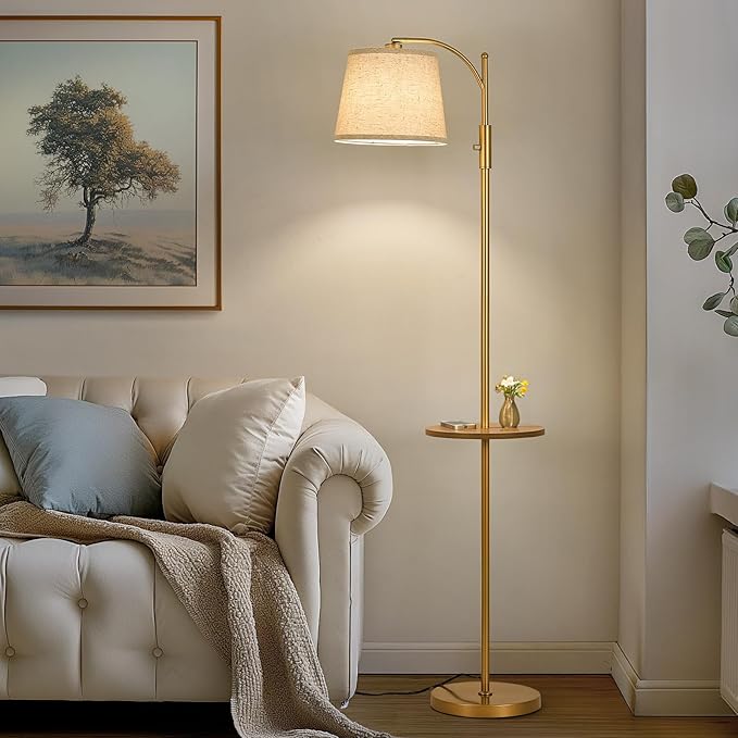 AIDENOEY Fully Dimmable Floor Lamp for Living Room,Standing Lamp Rotary Switch with Table&Linen Beige Shade,Golden Tall Lamps for Bedroom with Adjust Head,9W LED Bulb Included