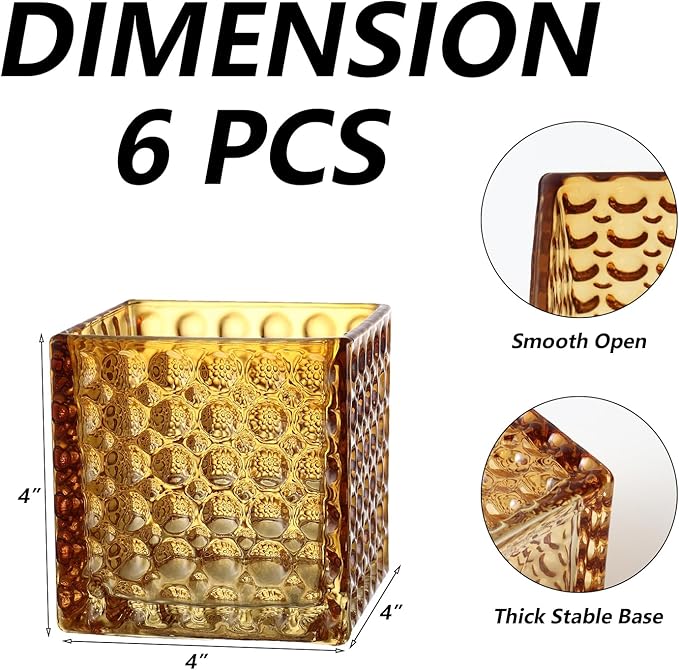 Square Vases Set of 6, 4" x 4" x 4" Square Glass Vases for Flowers, Amber Flower Vase for Centerpieces, Small Bubble Vase for Wedding, Party, Home, Office, Parties, Events
