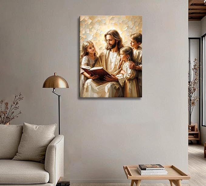 Jesus Teaching Child Canvas Wall Art Christian Kids Room Wall Decor God With Children Painting Pictures Religion Faith Poster Prints for Kids Room Bedroom Church Decoration 16X24