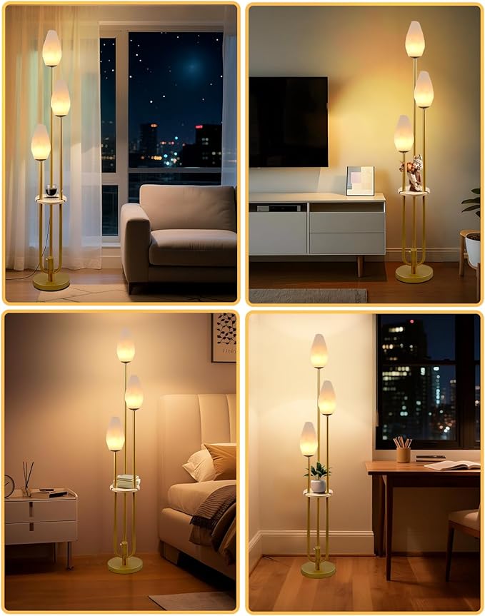 Lightdot Floor Lamp with Tray, 3-Lights Dimmable Floor Lamps with Rock-Shaped Shade, Unique Candle Holder Style Gold Modern Tall Lamp for Living Room/Party(Bulbs Included)