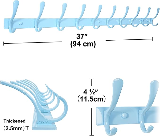 SKOLOO Coat Rack Wall Mounted - 10 Hooks, Heavy Duty, Stainless Steel, Metal Wall Hanger, Sturdy Coat Hooks for Hanging Coats, Jacket, Clothes, Hat, Blue