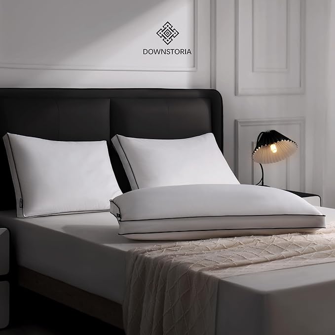 DOWNSTORIA Feather Down Pillows Queen Size Set of 2 with Gusset, Luxury Hotel Collection Bed Pillow 2 Pack, Down Surrounded Gusseted Pillows for Sleeping, Firm for Side, Back Sleepers 20x30 in.