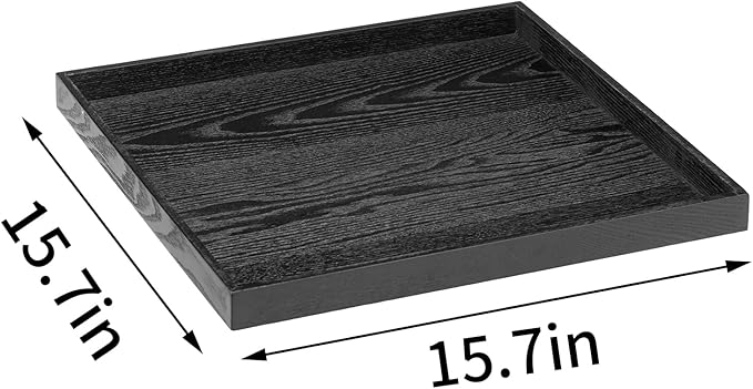16 x 16 Inches Large Square Black Solid Wood Ottoman Tray, Serve Tea, Coffee or Breakfast in Bed, Classic Wooden Decorative Serving Tray with Raised Edges, Kitchen Party Bar Server Table Tray