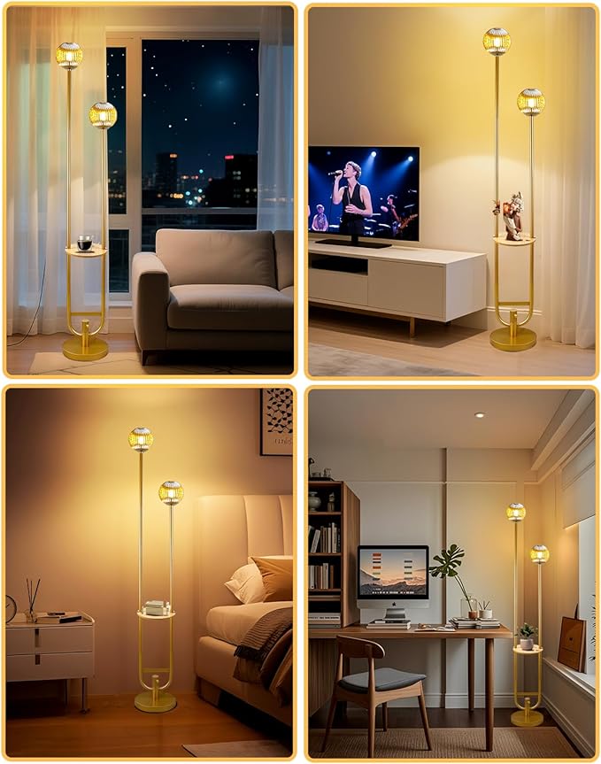 ACOHOOK Glass Floor Lamp with Tray, Gold Dimmable Globe Floor Lamp for Wedding/Party, 2Pcs 3000K Soft Warm White Bulbs Included, Mid Century Modern Standing Lamps for Living Room Bedroom