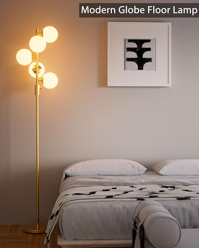 ACOHOOK Dimmable Gold Floor Lamp, 64IN Tall Standing Lamps with 5 Globe Soft Warm White Eye Care 3000K G9 Bulbs, Mid Century Modern Floor Lamp for Living Room Bedroom Office