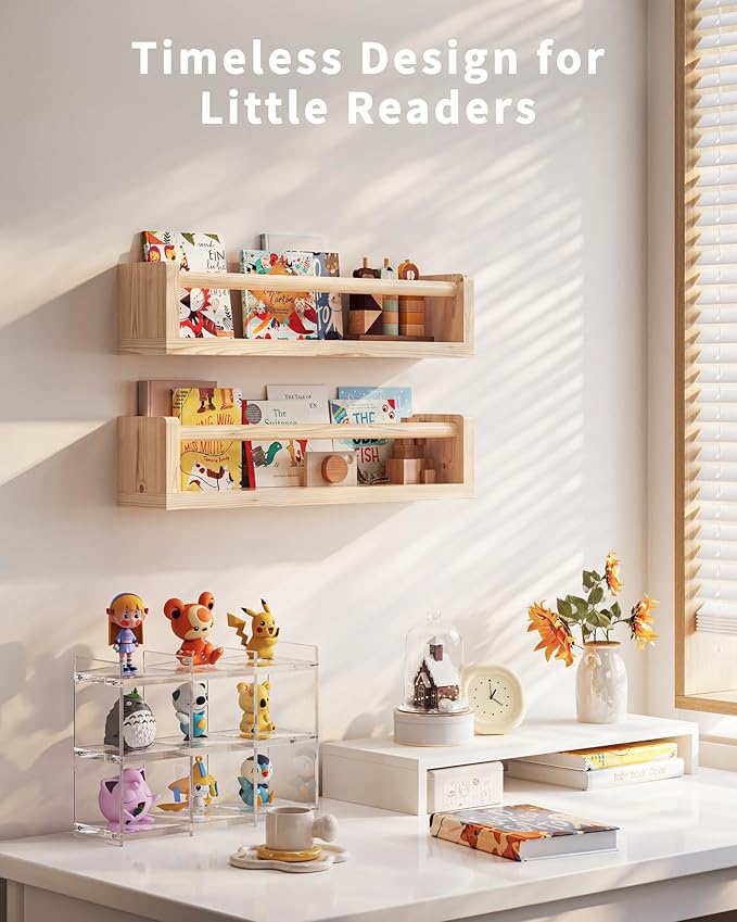 Nursery Wall Bookshelf Set of 4, Floating Bookshelves for Kids' Rooms, Toddler Bedroom Decor, Nursery (Wood, 16.5 Inches)
