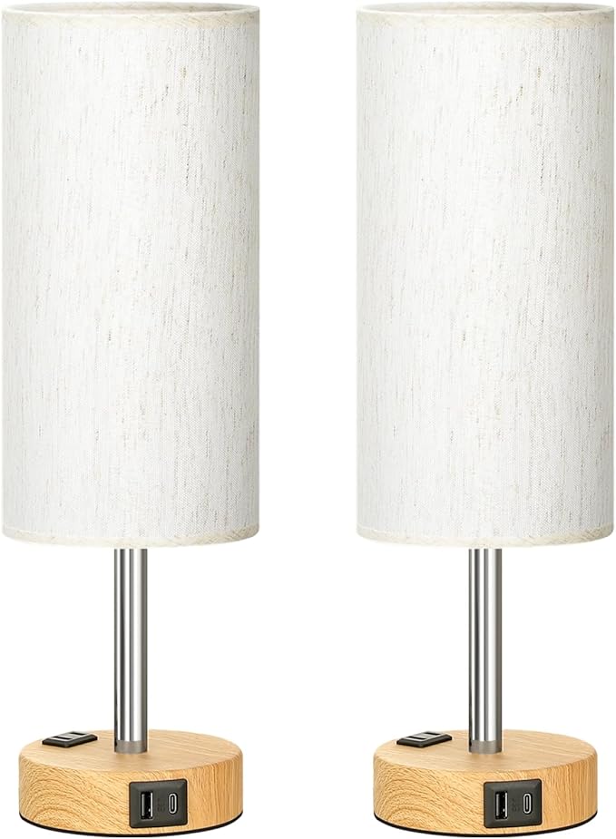 Touch Bedside Table Lamps Set - 3 Way Dimmable Bedroom Lamps Set of 2 with USB C and A Ports, Small Lamps for Nightstand with AC Outlet, Wood Base Round Flaxen Shade for Desk, Office, Dorm, Nursery