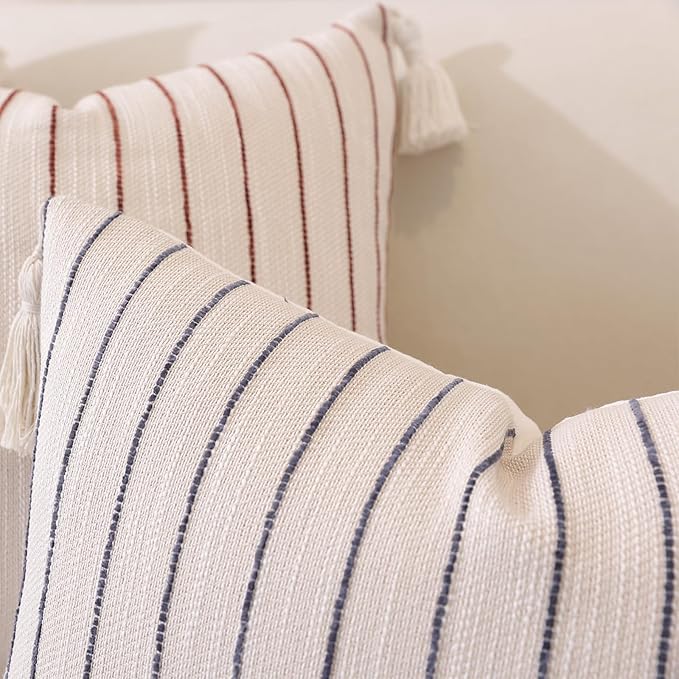 QDTTSRY Decorative Boho Throw Pillow Cover 20x20 Inch Set of 2, Soft Textured Linen Striped Throw Pillows with Tassels, Farmhouse Decor Cushion Covers for Couch Bed Living Room, Dusty Blue
