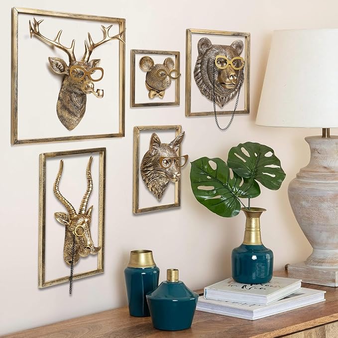Animal Heads Wall Decor (Includes Metal Frame) Resin Animals Sculptures Head Wall Hanging Decoration Gold vintage Wall Sculpture for Living Room Bedroom Office(Jackalope)