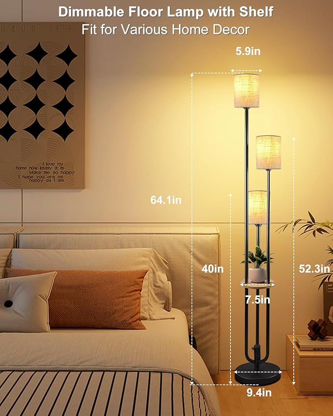 ACOHOOK 63IN Dimmable Floor Lamp with Shelf, Unique Black Tall Standing Lamps with Table, 3000K Warmwhite Mid Century Modern Floor Lamp for Living Room/Bedroom (Bulbs Included)