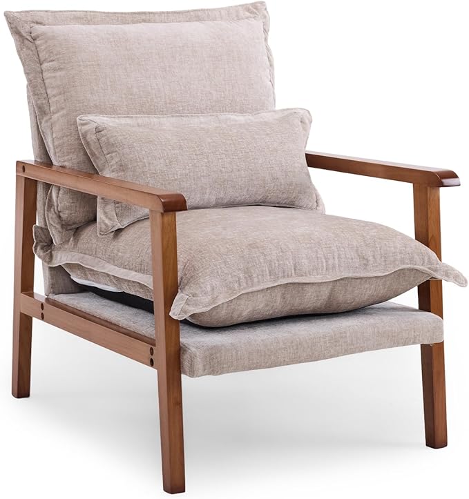 VINGLI Mid-Century Modern Cloud Accent Armchair with Lumbar Pillow, 6.3'' Thick Seat Cushion Comfortable Reading Chair with Wooden Armrests,Boho Lounge Chair for Bedroom, Living Room, Chenille, Khaki