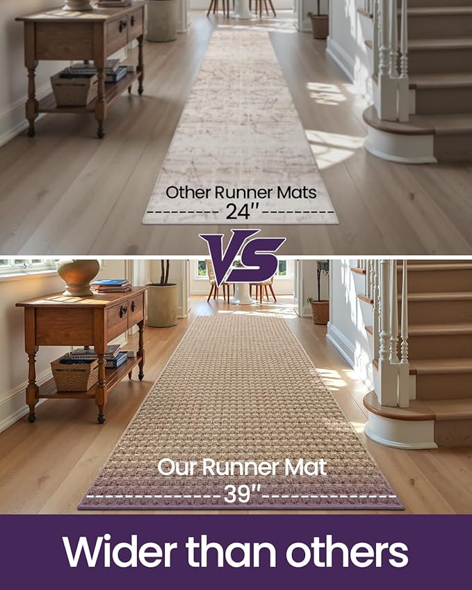 DEXI Hallway Runner Rug 3.3x6.7, Woven Braided Farmhouse Runner Carpet Indoor, Absorbent Thin Long Entryway Runners for Kitchen, Laundry Room, Patio Entrance, Checkered Beige