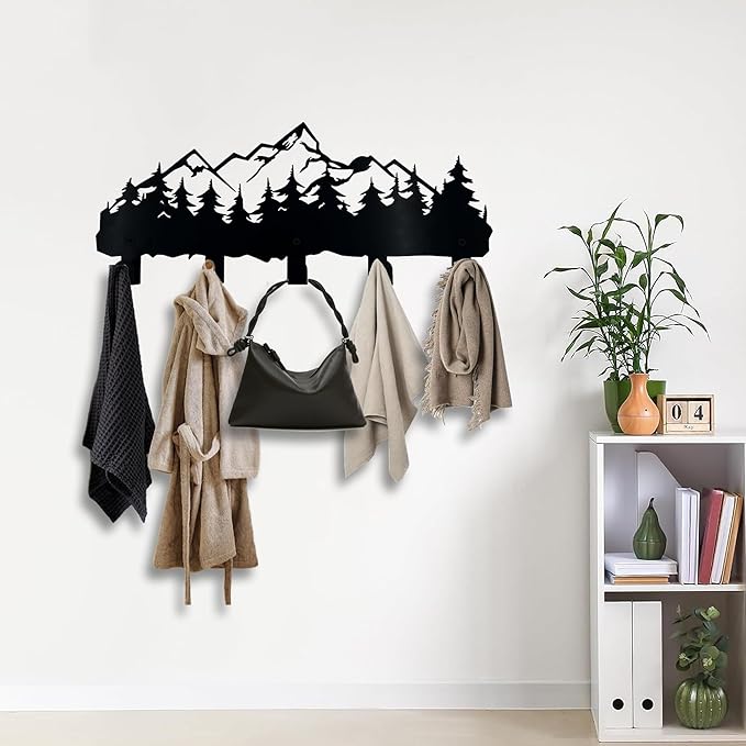 Metal Mountain Coat Hooks and Key Holder, Mountain Design Wall Art Decor, Clothes Hat Rack, and Backpack Hanger, Storage Decor for Living Room, Hallway, Office, Kitchen, Entryway, and Bedroom