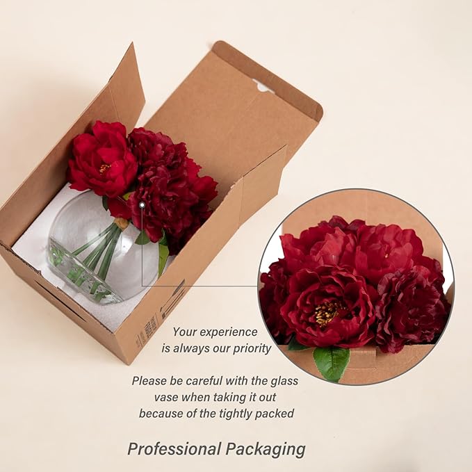Artificial Flowers in Vase, Silk Burgundy Classical Red Peonies Flowers for Vase with Faux Water, Fake Flower Arrangements for Winter Coffee Christmas Dining Table Centerpieces Decor & Mom's Gift