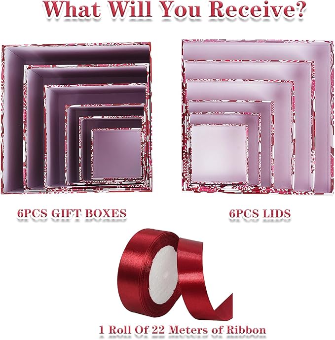 JWSCYSY 6PCS Valentine's Day Nesting Gift Boxes with Lid, Square Gift Boxes with Ribbon, Decorative Boxes Assorted Size for Valentine's Day Presents Wrapping, Party Favor Boxes (Red)