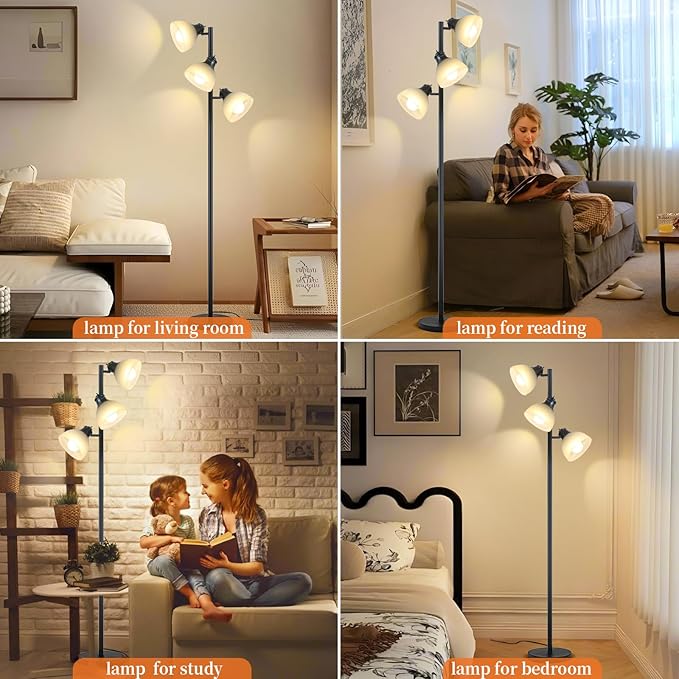 DMBOSS 63" Modern 3-Head Adjustable Floor Lamp, Standing Lamp with Glass Shades for Living Room, Bedroom & Office,3x9W E26 LED Bulbs Included, Weighted Base