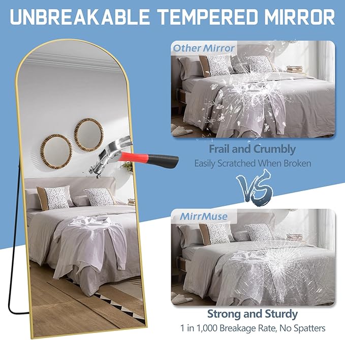 56"X18" Arched Full Length Mirror, Gold Floor Mirror with Stand Hanging or Leaning Against Wall, Tempered Glass Full Body Mirror for Bedroom Living Room, Aluminum Alloy Frame