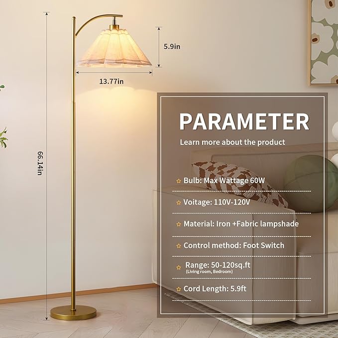 Omlaamy Floor Lamp with Pleated Linen Lampshade, Modern Flower Floor Lamp for Living Room Arc Standing Lamp, Gold Tall Lamp for Bedroom Office Dining Room, Bulb Included (Gold + Flax Color, 66.14IN)