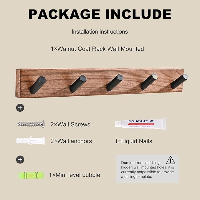 17.3" Small Wooden Coat Rack Wall Mounted with 5 Pegs Hooks, Entryway Wall Hooks Coat Hanger for Hanging Towel Jacket Clothes Hat Backpack Shoe Purse Key Holder Hook Rail by Black Walnut Wood