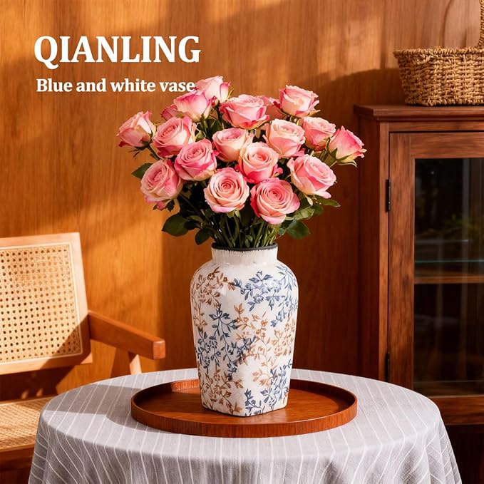 Blue and White Vintage Vase - 9.7 Inchs Chinoiserie Decor Crackle Finish Floral Vase, Rustic Farmhouse Decorative Vases for Table, Living Room, Bathroom, Shelf Decor, Mantel, Centerpieces