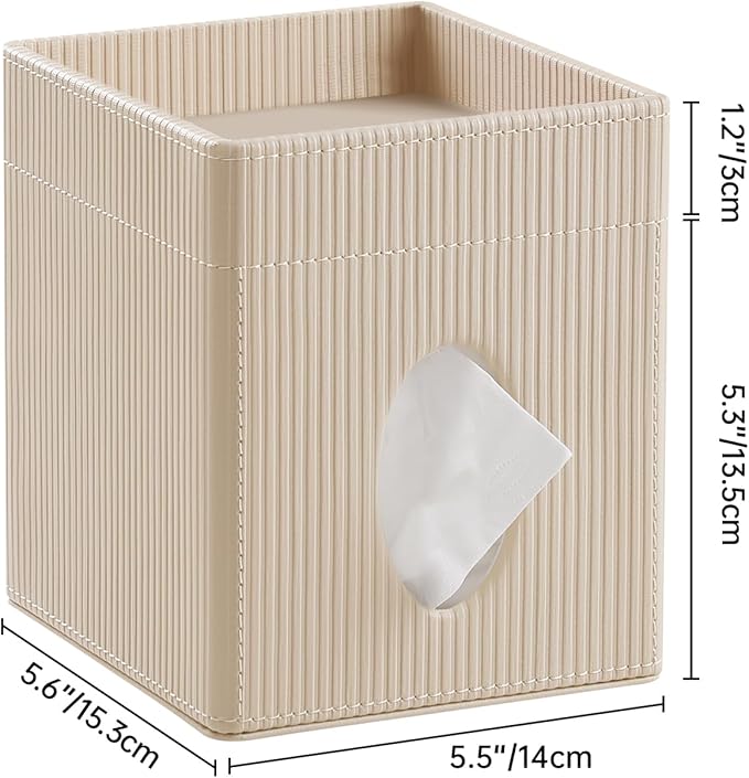 Square Tissue Box Cover with Tray, PU Leather Tissue Box Holder Decorative Cube Tissue Holder for Bathroom Bedroom Office (Beige)