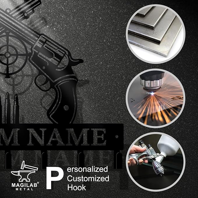 Personalized Custom Name Gun Wall Hooks,Metal Gun Room Art Clothes Hooks,Metal Gun Wall Home Storage Decorative,For Front Door, Hallway, Kitchen, Bedroom,Keys,Hats (Style I)