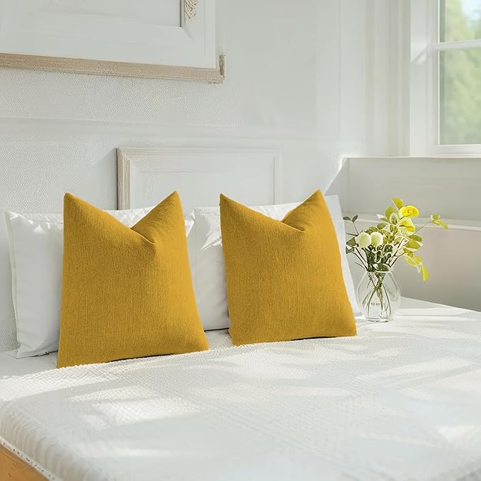 HAUSSY Mustard Yellow Throw Pillow Covers 16x16 Inch Set of 2,Boho Decorative Faux Linen Throw Pillows Cozy Farmhouse Accent Cushion Covers,Home Decor for Couch Sofa Bed Living Room