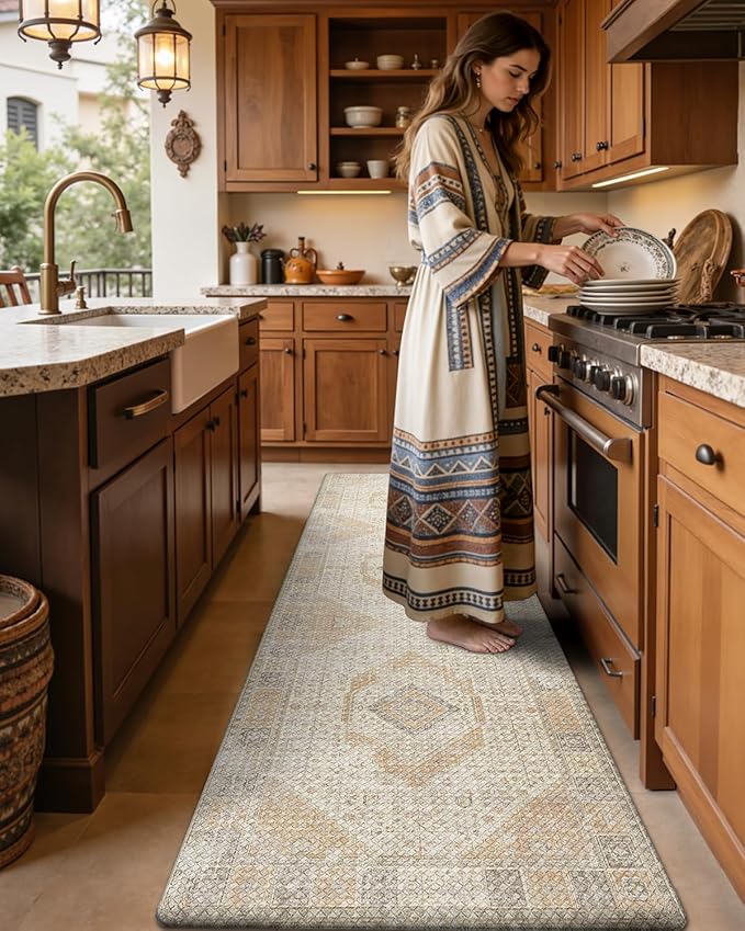 DEXI Kitchen Floor Mats Anti Fatigue, 17x29+17x59 Large Cushioned Runner Rug Waterproof, Standing Comfort Memory Foam Padded for Front Sink Laundry Office Set of 2, Beige and Light Orange