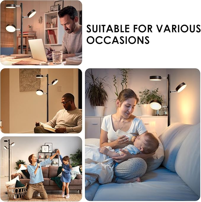 JUNNAI LED Tree Floor Lamp with Remote & Touch Control, 3 Heads Adjustable Dimmable Modern Floor Lamps with Timer, 4 Color Temperatures, Tall Standing Lamp for Living Room, Bedroom, Office, Black
