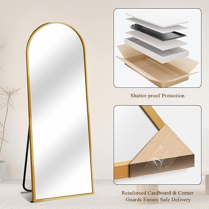 Full Length Mirror with Stand, Gold Arched Full Body Mirror, Aluminum Alloy Thin Frame - Freestanding/Leaning/Wall Mount for Bedroom, Living Room & Entryway